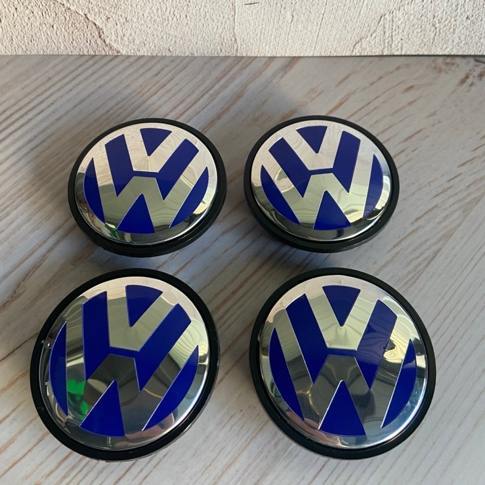 SET OF 4 VOLKSWAGEN Blue - CHROME 65mm/2.50 inch Wheel Rim Center Hub Caps